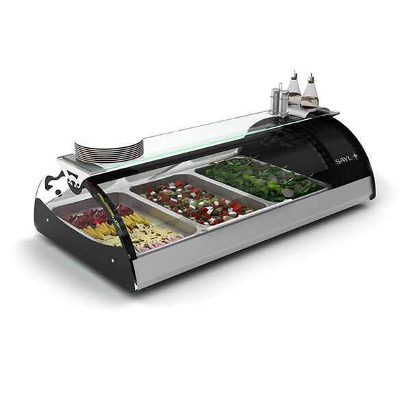 Expositor de Balcão Sayl Refrigerado Maxiself Line VMX3E (c/ estante) (3 Tabuleiros GN 1/1 x 65mm) (Dim.: 1210Lx650Px320A)