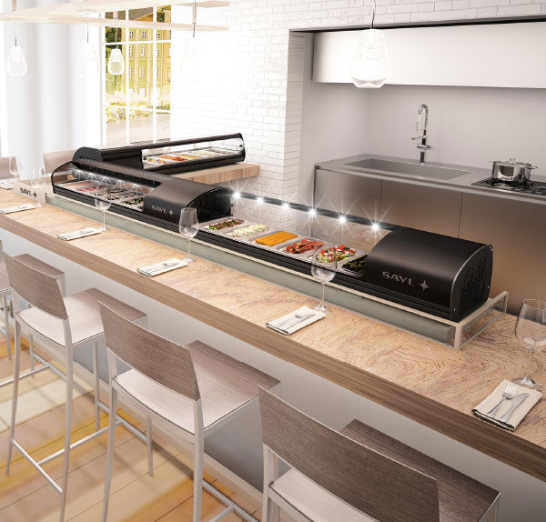 Expositor de Balcão Sayl Refrigerado Sushi Shark 1P Line SK8SP  (s/ Tabuleiros - 15mm) (Dim.: 1788Lx395Px270A)